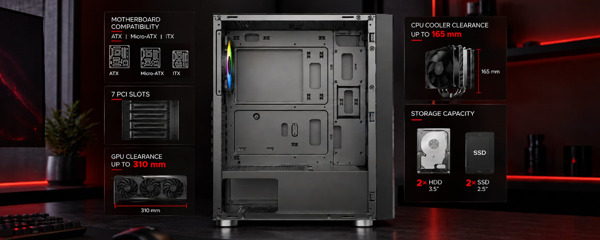 Interior de la Tempest Airflow Umbra con espacio para componentes