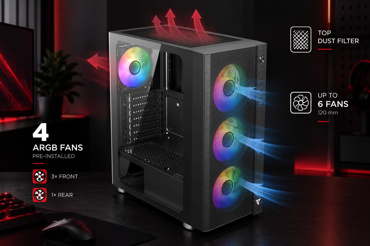 Frontal mesh y ventiladores ARGB de la Tempest Airflow Umbra