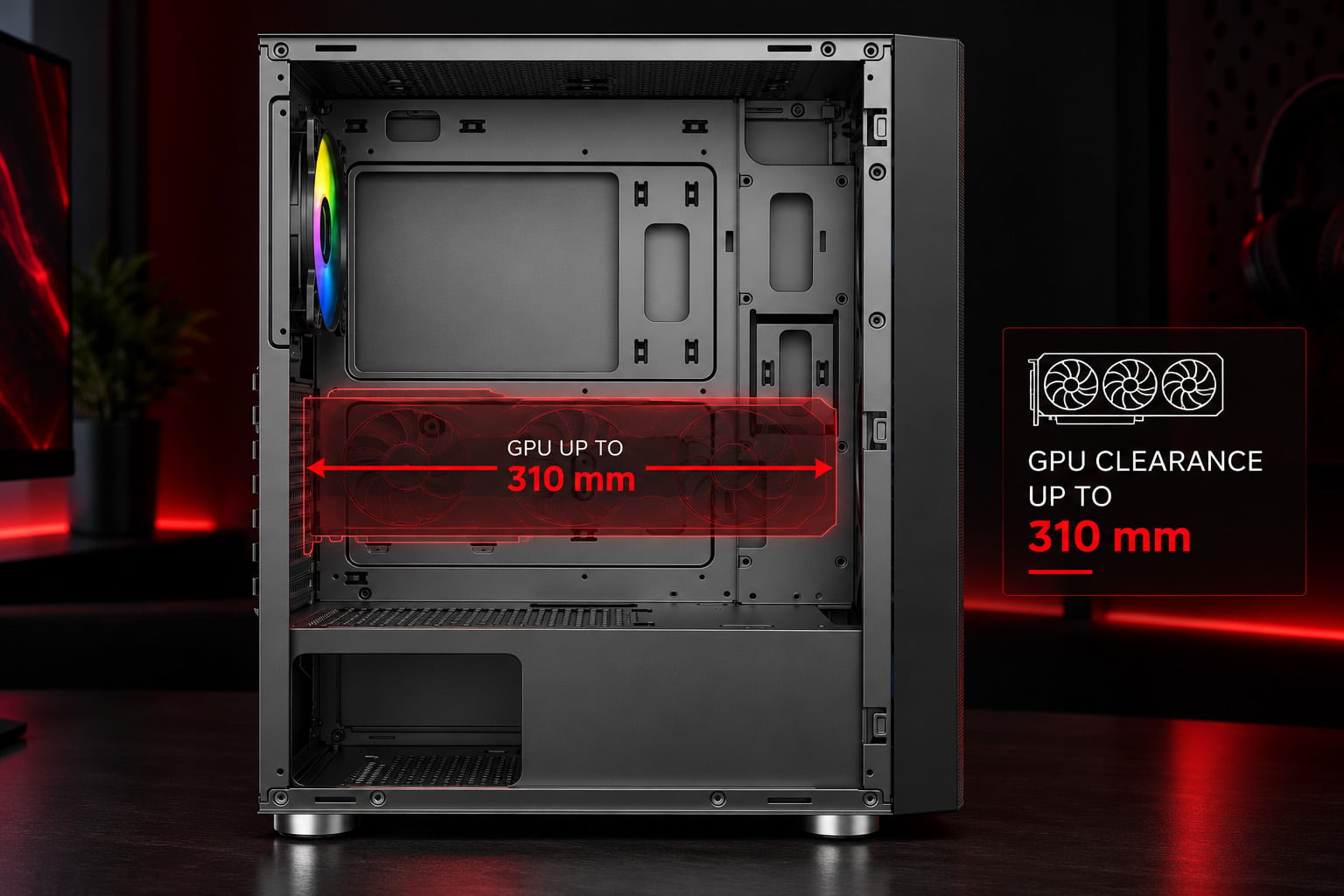 Espacio para tarjeta gráfica de hasta 310 mm en Tempest Umbra