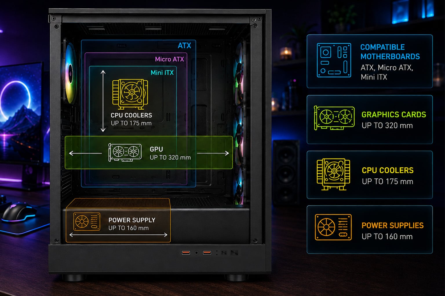 Interior de Tempest Ironvale con espacio para tarjeta gráfica y disipador de CPU