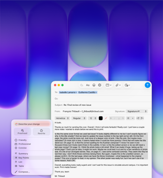 Pantalla de un MacBook Neo que muestra la prestación Herramientas de Escritura de Apple Intelligence en Mail para revisar un párrafo largo de un email con comentarios sobre una publicación