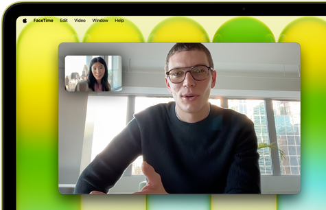 MacBook Neo, color cítrico, videollamada en la pantalla, persona en el centro de la imagen gracias a Encuadre Centrado