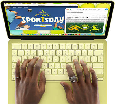 MacBook Neo, color cítrico, manos en el teclado, una persona escribe un email con una invitación a la inauguración de un evento deportivo, al lado se muestra la web del evento