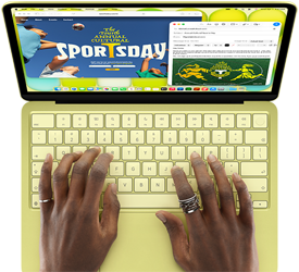MacBook Neo, color cítrico, manos en el teclado, una persona escribe un email con una invitación a la inauguración de un evento deportivo, al lado se muestra la web del evento