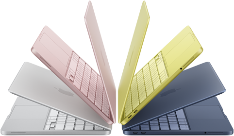 Portátiles MacBook Neo en color plata, rosa nube, cítrico e índigo semiabiertos y dispuestos en forma de arco