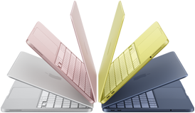 Portátiles MacBook Neo en color plata, rosa nube, cítrico e índigo semiabiertos y dispuestos en forma de arco