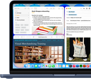 MacBook Neo, color índigo, pantalla con un email de bienvenida para una persona que empieza a trabajar en una librería, otras ventanas en mosaico con un documento sobre la incorporación en Notas y el sitio web del portal para empleados de la librería en Safari